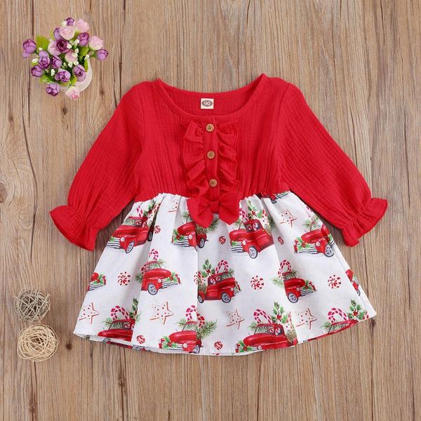 

girl's dresses baby girl chrismtas dress, bow decoration elastic cuffs red cartoon car print spring autumn dress 6m-4years, Red;yellow