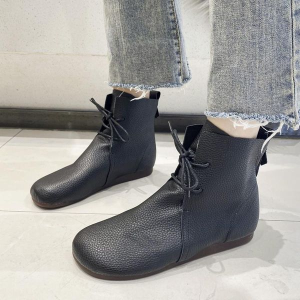 

boots women ankle plus size hand-made woman round toe lace up shoes female footwear zapatillas mujer, Black