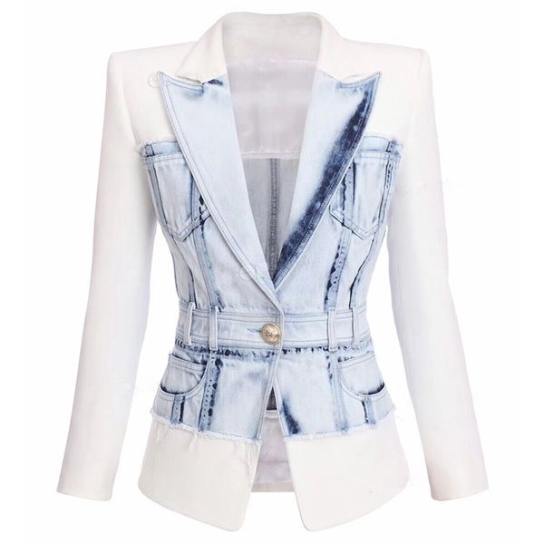 

high street est stylish designer jacket women's slim fitting lion button denim patchwork blazer 210930, White;black