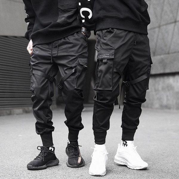 

men's pants 2021 european and american mmen's trendy casual overalls high street mid-waist loose nine-point, Black