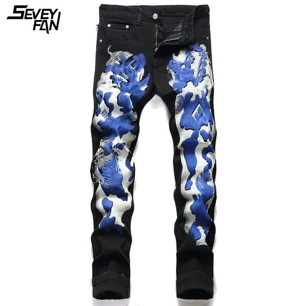 

men's jeans 2021 fashion slim pattern printed streetwear hip hop brand nightclub hipster black elastic fit denim pants male, Blue