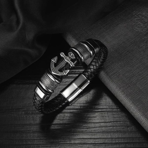 

bangle european and american fashion multi-layer anchor pu leather bracelet men's stainless steel magnetic buckle bracelets, Black