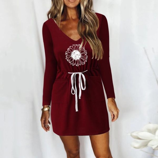 

casual dresses autumn women v-neck long sleeve strapped draw back printing loose dress 2021, Black;gray