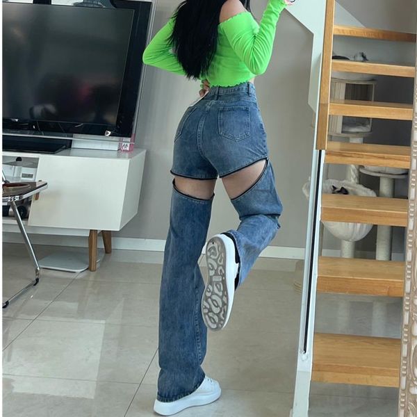

women's jeans womengaga girl hollow zipper thigh personality holes irregular two fashion korean women denim trousers summer 4qy3, Blue
