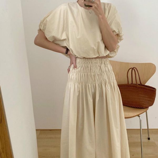 

oversized summer vintage 2 two piece skirts sets women outfits puff sleeve crop and elastic waist pleat long a-line skirt, White;black