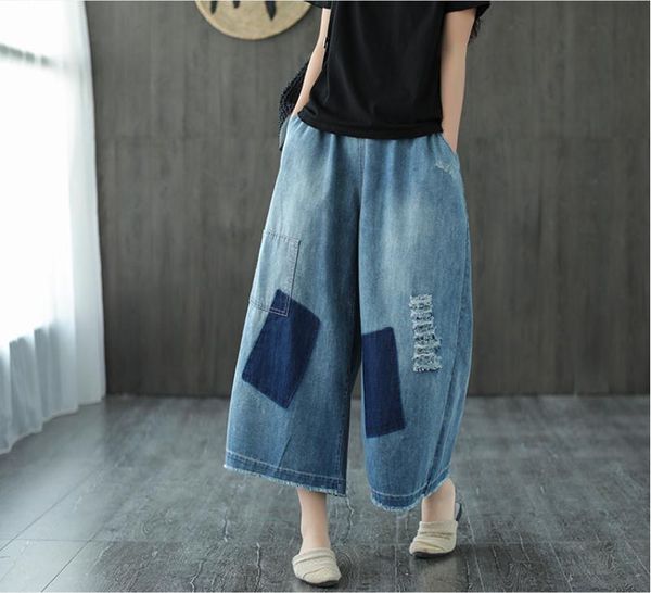 

women's jeans summer women retro elastic waist loose all-match denim pants female 2021 casual pocket tassel hole trousers, Blue