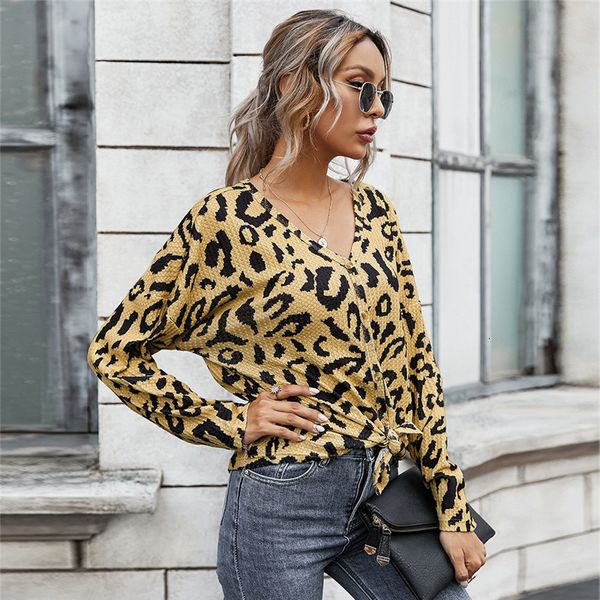 

2021 new autumn winter fashion leopard print women casual v neck full sleeve t shirt bzlu, White