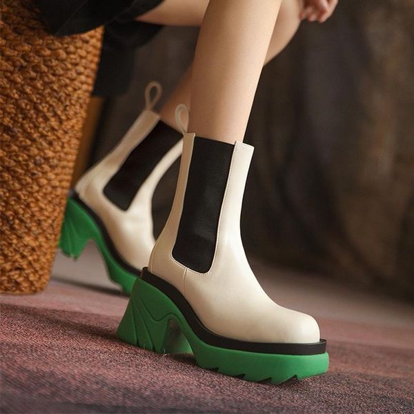 

boots 2021 autumn street fashion women ankle high heels stretch slip on punk military pu leather platform shoes, Black