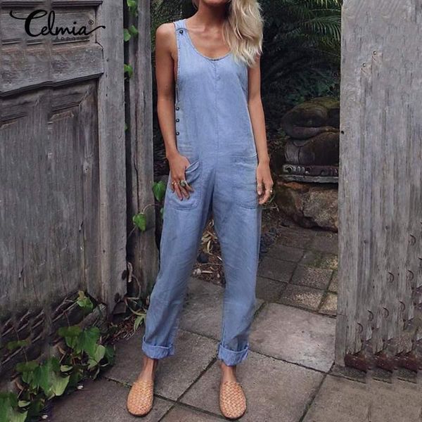

women's jumpsuits & rompers celmia long women plus size summer pants sleeveless casual loose buttons vintage playsuit lady overalls, Black;white