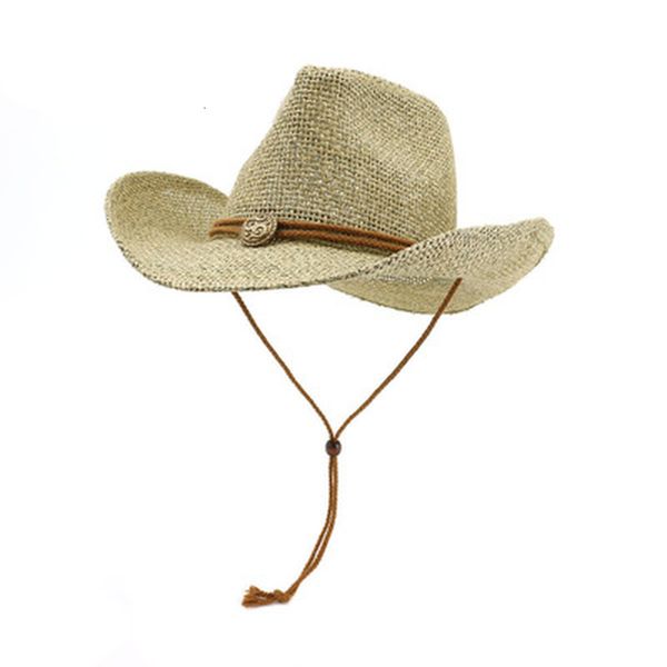 

2021 sun summer men panama wide brim with rope wind protective band belt straw handmade natual raffia beach women hats new 67nr, Blue;gray