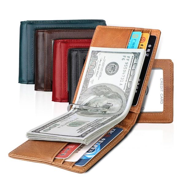 

wallets slim genuine leather men money clip wallet billfold rfid male bill dollar purse female card case cash holder red clamp for women, Red;black