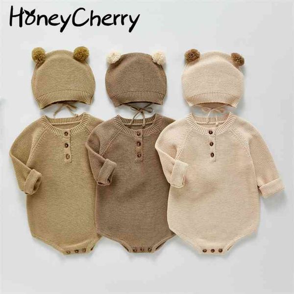 

born baby autumn knit jumpsuit for boy and girl cute hat sweater romper born clothes 210702, Blue