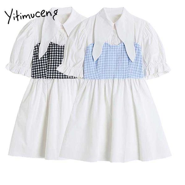 

yitimuceng fake 2 pieces shirt dresses women summer patchwork plaid high waist peter pan collar korean fashion dress 210601, Black;gray