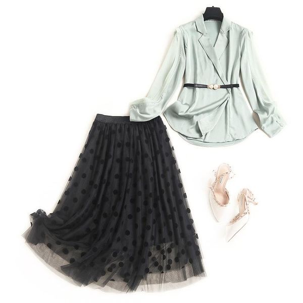 

quality women's chiffon suit 2021 autumn new arrivals turn-down collar coat a- line skite two piece set with waistband 15292, White