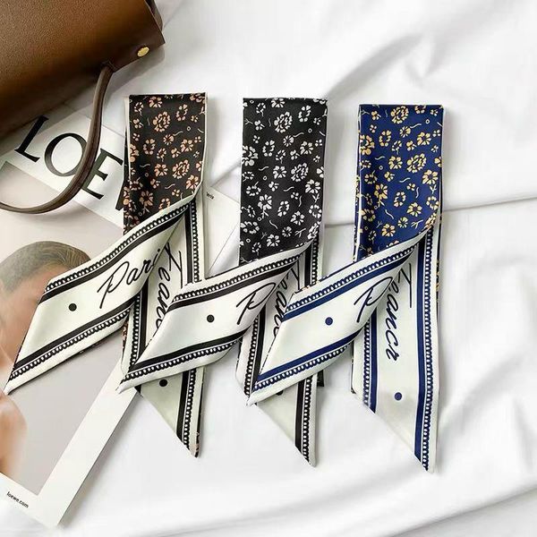 

scarves &dolphin women narrow skinny scarf 100x6cm silk feeling chiffon headbands retro flower print ribbon neckercheif streamer, Blue;gray