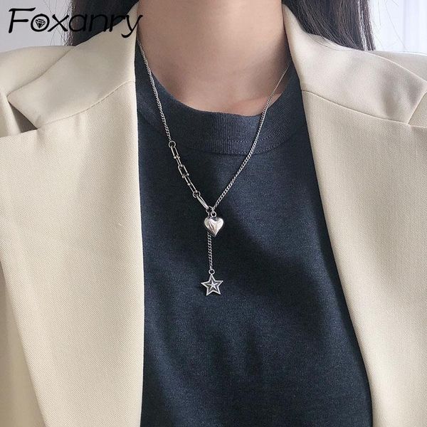 

chains foxanry 925 sterling silver sweater necklace for women trendy elegant vintage love heart tassel star party jewelry wholesale