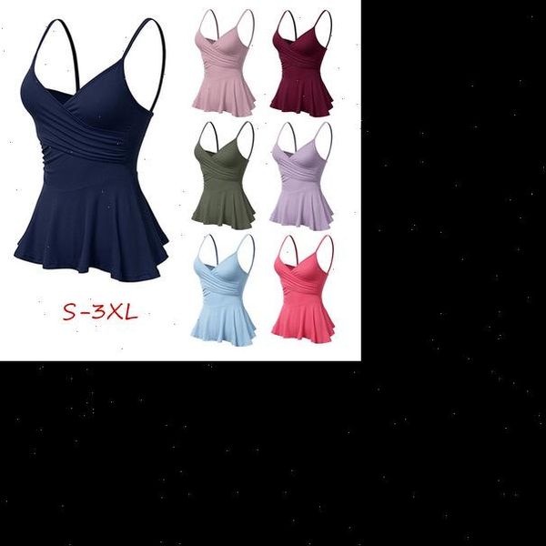 

womens cami everyday dressing sleeveless spaghetti shoulder straps v neck front wrap pleated flared peplum bottom tank top, White