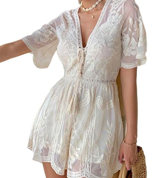 

women's jumpsuits & rompers a women romper playsuit lace drawstring v neck short sleeve high-waist jumpsuit cotton, Black;white