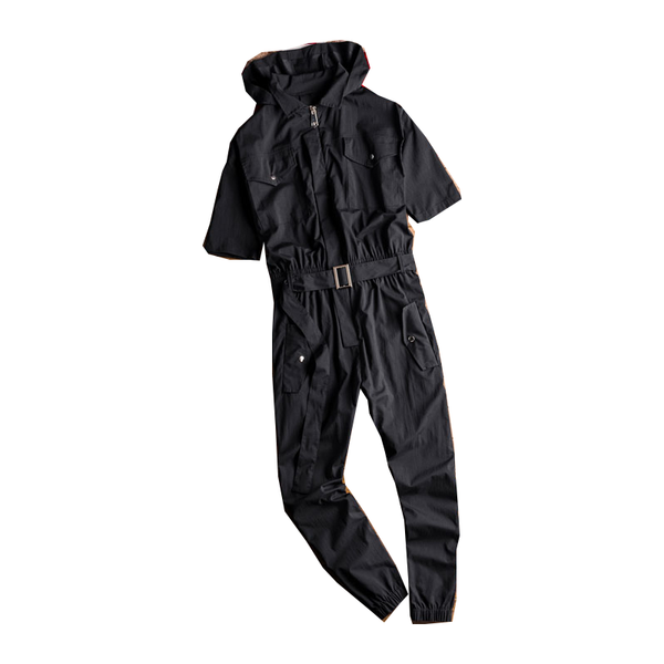 

men's pants short-sleeved jumpsuit street hip-hop slim fit hooded casual jogging, Black