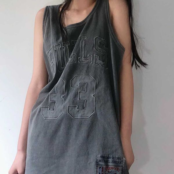 

street bulls letter 33 embroidered basketball vest men's wash make old grey loose sleeveless vest 4rfc, White;black