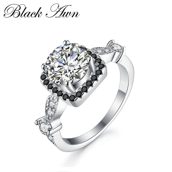 

cluster rings [black awn] genuine 925 sterling silver jewelry wedding for women square black&white stone ring c216, Golden;silver