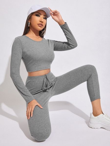 

petite solid crop tee & knot waist leggings set p3z6#, White