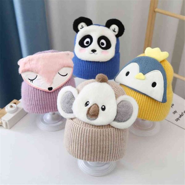 

cute soft winter lovely warm beanie caps for girls boys kids knitted hat baby hat with animal face y21111, Blue;gray
