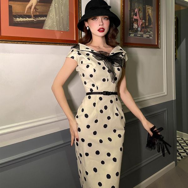 

casual dresses le palais vintage 2021 summer original black white polka dot v neck slim dress collect waist wrap hip for women, Black;gray