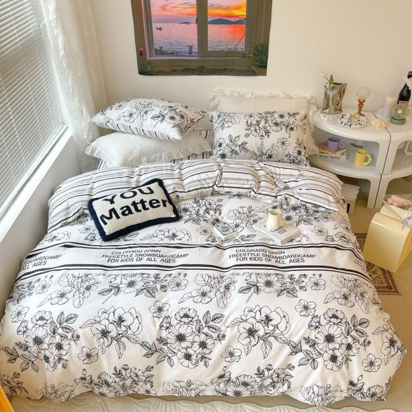 

bedding sets luxury 100% cotton floral printing black ruffles girl set single double duvet cover bed fitted sheet pillowcases