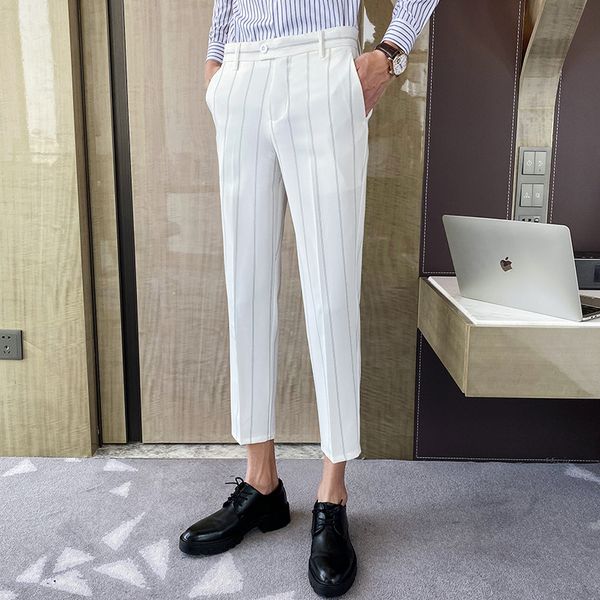

male fashion business dress striped formal social office men suit breathable summer casual breezy pants homme attire 6wve, Black