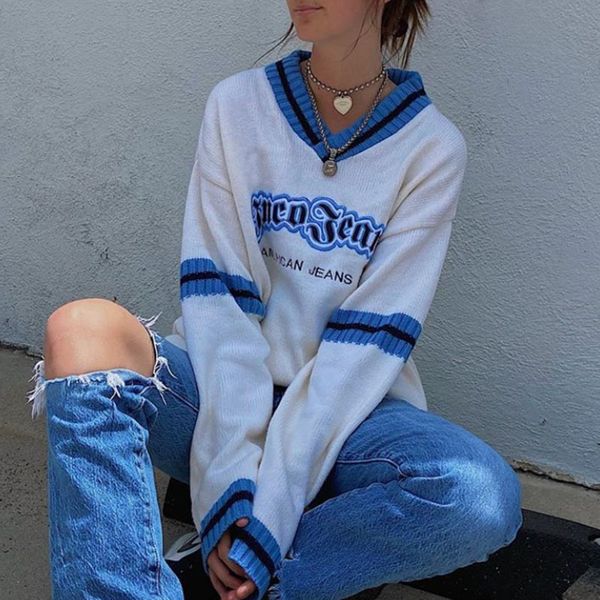 

2021 white chic striped v-neck vintage preppy style oversized sweaters women winter pullovers long sleeve loose casual brand 5ng6, White;black