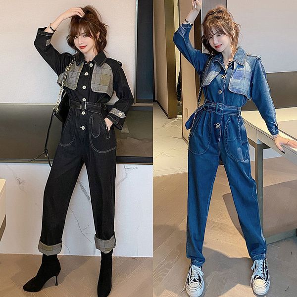 

spring streetwear black blue denim female overalls high waist pocket thin coveralls y627 g5fn, White;black