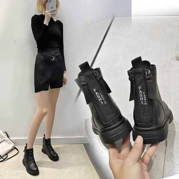 

boots double zipper leather autumn winter 2021 plush flat for women, Black