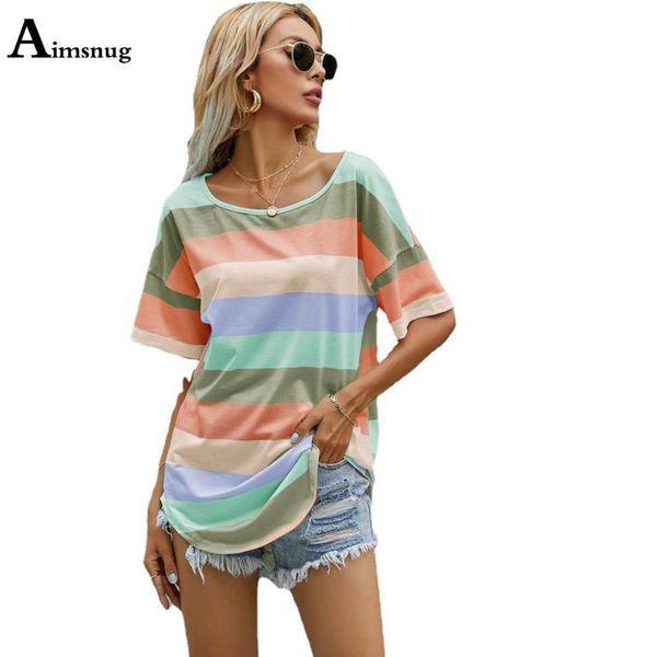 

women's t-shirt plus size 4xl 5xl ladies elegant leisure casual long rainbow stripe print clothing 2021 summer tees shirt, White