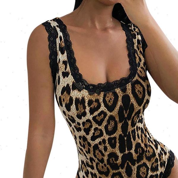 

leopard print lace womens wear sleeveless leopard round neckline jumpsuit bodysuit blouses dames kledi woman 2021, White