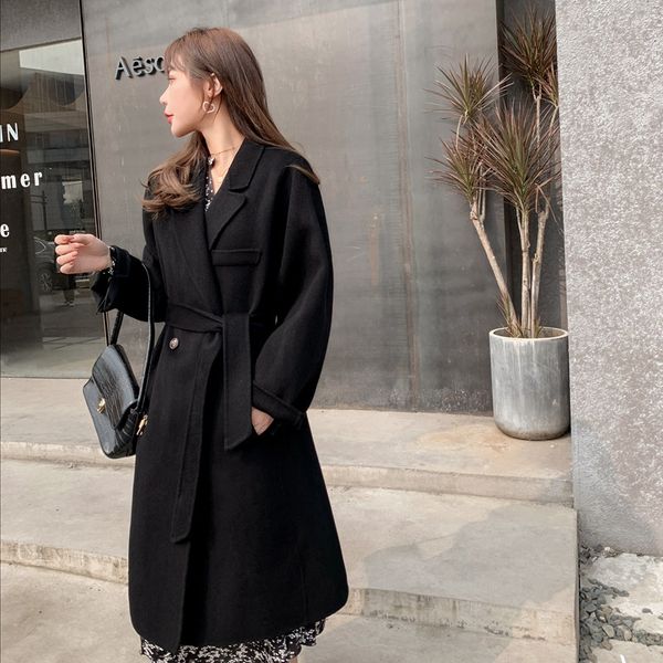 

women's jackets basic female wool mixture of pea coat notch double lapel breasted long length with, Black;brown