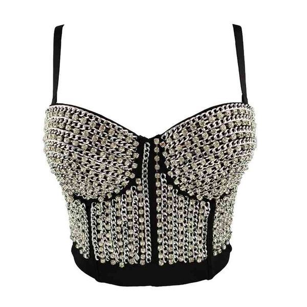

women designer crystal diamonds chain punk style cotton camisole summer high street short camis crop 210527, White