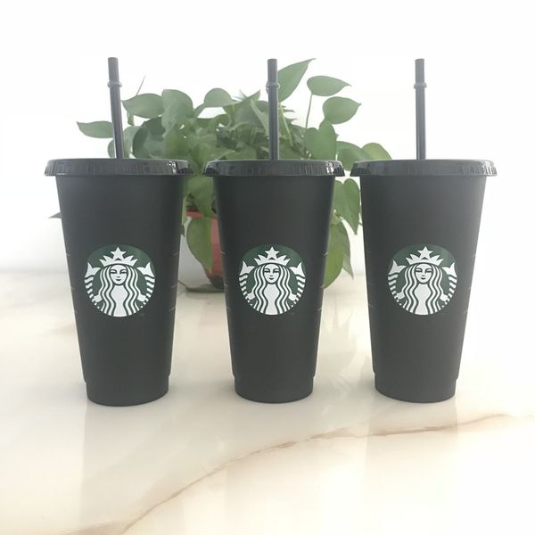 

starbucks 24oz/710ml plastic tumbler reusable clear drinking flat bottom cup pillar shape lid straw mug bardian 120pcs dhl123, Black