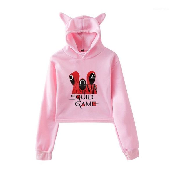 

women's hoodies & sweatshirts kawaii pink squid game costume girls cat ears cropped hoodie crop kpop korean tv series round six, Black