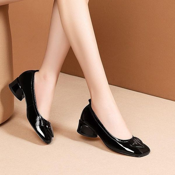 

dress shoes party casual 2021 autumn thick heel square head professional leather plus-sized semi-high heeled women's fashion, Black