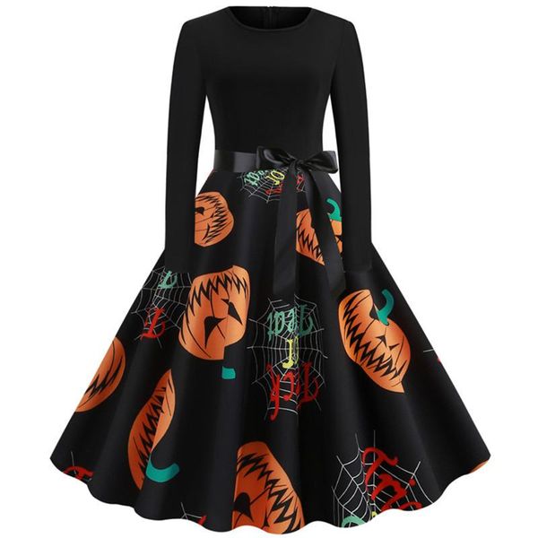

casual dresses 2021 fashion women's dress vintage o neck long sleeve midi halloween printed evening party prom costume clothes robe, Black;gray