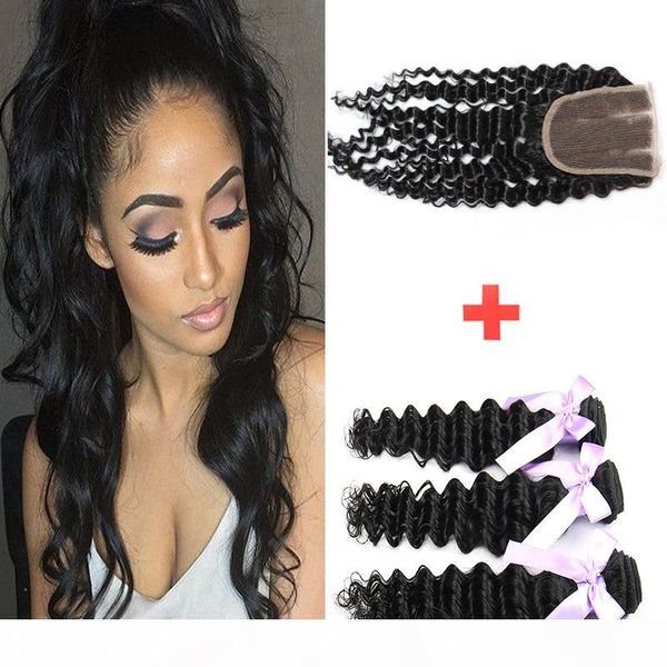 

brazilian lace closure or middle part with 3bundles brazilian deep wave hair, Black