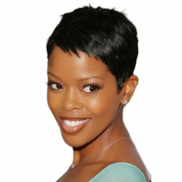 

remy human hair wig short straight natural straight bob pixie cut layered haircut machine made wigs, Black;brown