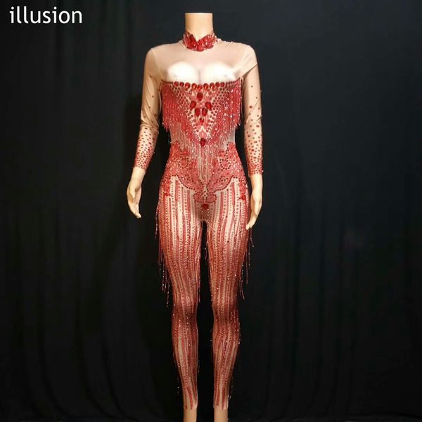 

tassels rhinestone jumpsuit female singer dancer leggings costume stretch bodycon bodysuit nightclub oufit party wear, Black;red