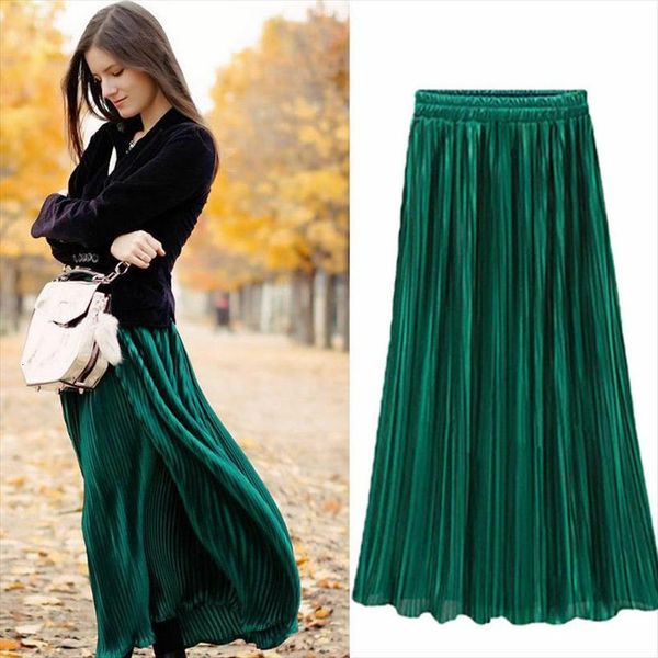 

spring long pleated elastic womens skirts high waist casual party vintage autumn warm solid maxi, Black