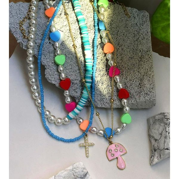 

chains pink mushroom clay pearl beaded necklace for women cross charm asymmetry soft pottery choker necklaces handmade jewelry, Silver