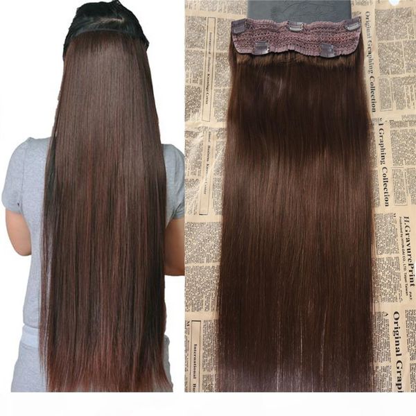 

wholesale real remy human hair #4 dark brown one piece clip in hair extensions with 5 clips slik straight clip on extension 100g, Black