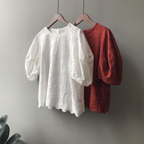 

2021 women white blouses o neck flower crochet puff sleeve women cotton blouses boho blusas stand collar roupa feminina outwear