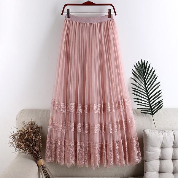

skirts spring double-layer mesh stitching lace border cake skirt 2021 mid-length summer fashion female, Black
