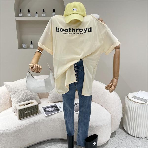 

women's t-shirt clothing spring summer 2021 fashion loose and versatile off shoulder split letter print short sleeve, White